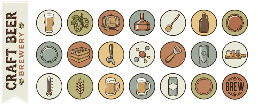 Vintage Craft Beer Brewery Icon Set with Hand-Drawn Illustrations of Hops, Barley, Barrels, Mugs, Bottles, and Brewing Equipment for Pubs, Bars, Microbreweries, and Graphic Design Projects.