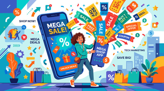 Woman holding phone with mega sale shopping illustration