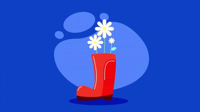 Red rubber boot animation used as a creative flower pot with white daisies popping up against a blue background.