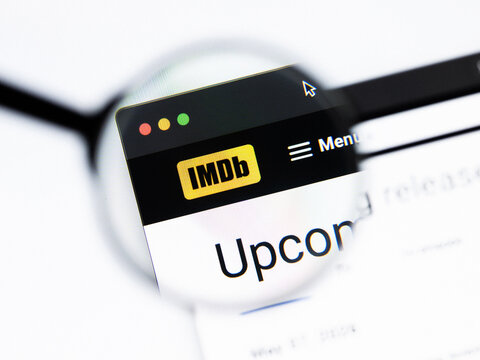 Milan, Italy 2026, 20 Apr Closeup of IMDB website on a laptop screen. IMDB logo under a magnifying glass.
