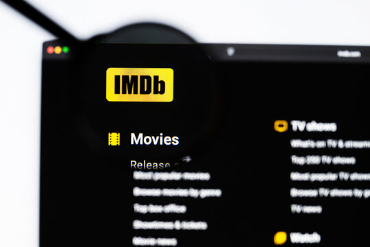 Milan, Italy 2026, 20 Apr Closeup of IMDB website on a laptop screen. IMDB logo under a magnifying glass.