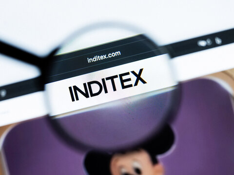 Milan, Italy 2026, 20 Apr Closeup of Inditex website on a laptop screen. Inditex logo under a magnifying glass.