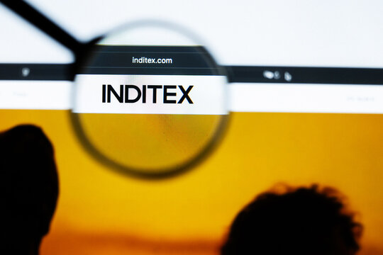 Milan, Italy 2026, 20 Apr Closeup of Inditex website on a laptop screen. Inditex logo under a magnifying glass.