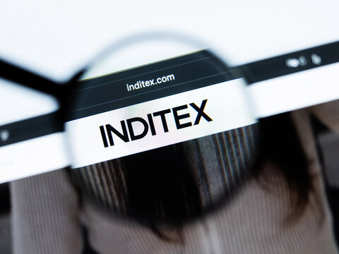 Milan, Italy 2026, 20 Apr Closeup of Inditex website on a laptop screen. Inditex logo under a magnifying glass.