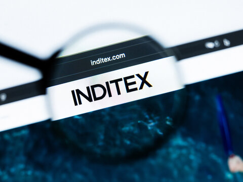 Milan, Italy 2026, 20 Apr Closeup of Inditex website on a laptop screen. Inditex logo under a magnifying glass.