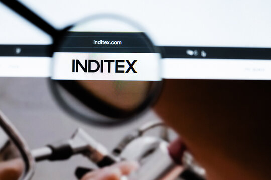 Milan, Italy 2026, 20 Apr Closeup of Inditex website on a laptop screen. Inditex logo under a magnifying glass.
