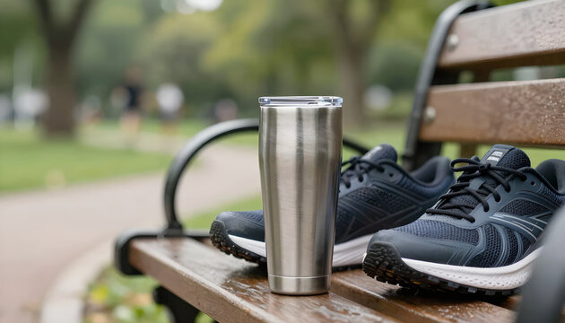 Stainless Steel Tumbler on Park Bench with Running Shoes: Fitness Mockup