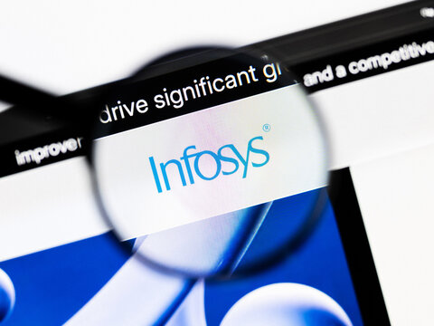 Milan, Italy 2026, 20 Apr Closeup of Infosys website on a laptop screen. Infosys logo under a magnifying glass.