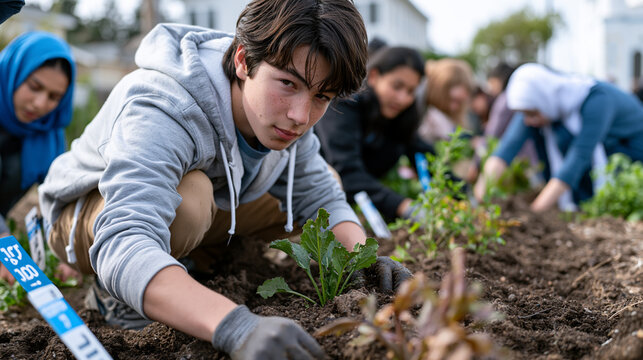 Interfaith youth group planting a community vegetable garden beside a mosque, teenagers from multiple backgrounds working together, row markers in multiple languages, cooperation belonging shared pu