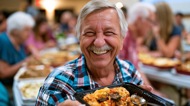 Multigenerational church congregation sharing a potluck meal in a fellowship hall, elderly members laughing with teenagers, mismatched casserole dishes covering folding tables, belonging community f