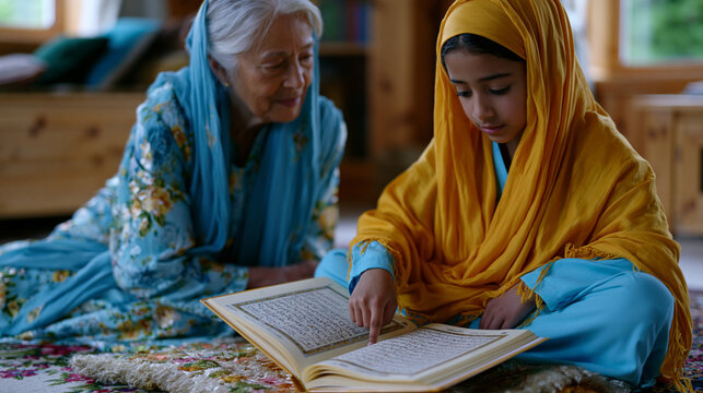 Muslim schoolgirl practicing Arabic Quran recitation with her grandmother on a floral living room rug, finger tracing the script, elderly woman nodding encouragingly, intergenerational faith transmi