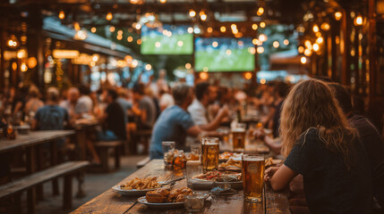 Fototapeta premium Friends Watching Football Match on Giant Outdoor Screen During Summer Evening