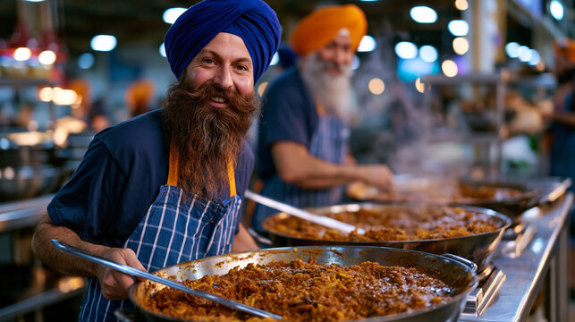 Sikh volunteers in bright turbans standing at steel prep tables inside a langar kitchen, stirring enormous pots of dhal, steam rising, community service faith seva selfless giving Sikhism gurdwara m