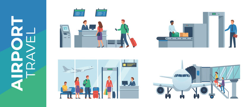 Airport Travel Vector Illustration Set with Passengers at Check-in Counter, Security Screening, Luggage Scanner, Waiting Area, Boarding Gate, and Airplane with Jet Bridge for Flight Journey.
