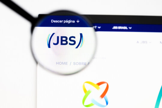 Milan, Italy 2026, 20 Apr Closeup of JBS website on a laptop screen. JBS logo under a magnifying glass.