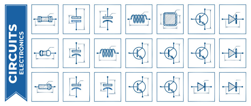 Technical Electronic Circuit Symbols Blueprint Set with Resistor Capacitor Inductor Transistor and Diode Icons for Engineering Schematic Design Electrical Education and Industrial Diagrams