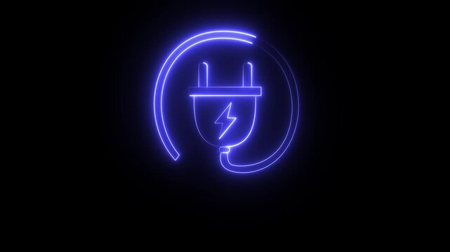A neon plug icon featuring a glowing blue design on a black background, commonly used for electricity or energy concepts.
