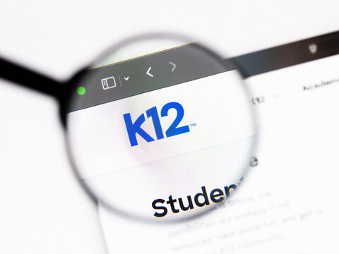 Milan, Italy 2026, 20 Apr Closeup of k12 website on a laptop screen. k12 logo under a magnifying glass.
