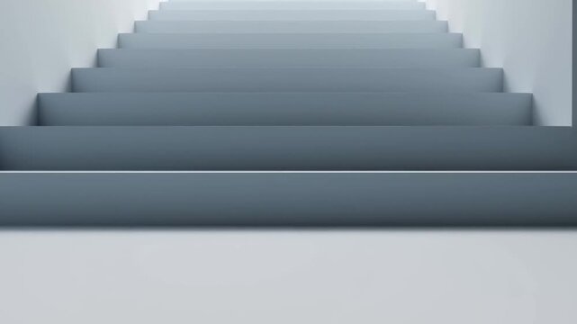 Dolly forward tracking shot of empty minimalist staircase ascending inside white interior stairwell with soft diffused light
