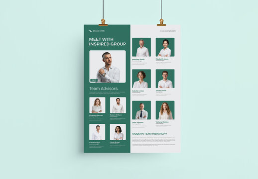 Modern Company Team Introduction Poster Design with Staff Profiles and Organizational Structure