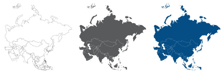 Asia Political Map Set Vector, Outline, Gray and Blue Asian Countries Maps Collection with Russia © Supatra
