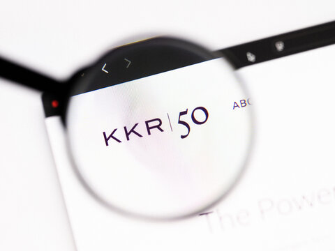Milan, Italy 2026, 20 Apr Closeup of KKR website on a laptop screen. KKR logo under a magnifying glass.