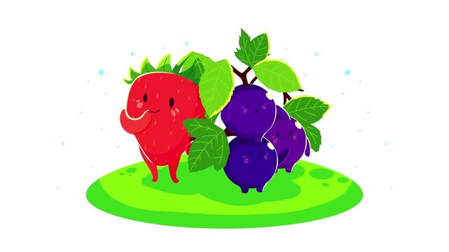 Cute strawberry and blueberries animation with funny cartoon fruit characters smiling together on a grassy island.