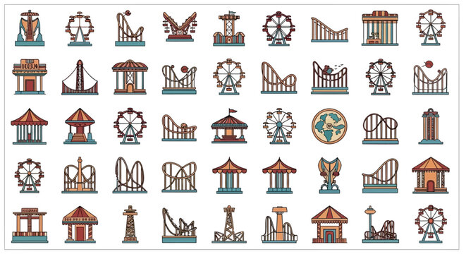 Amusement Park Icon Set: Roller Coasters, Ferris Wheels, Rides, and Attractions