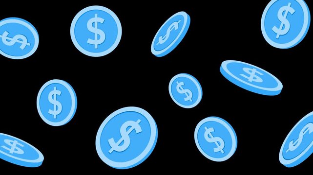 Seamless pattern of coins with dollar signs falling on a black background animation