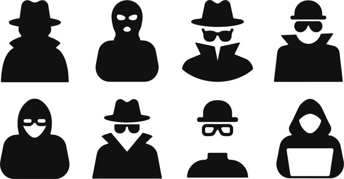 Spy and hacker vector silhouette collection isolated, cybersecurity threat and secret agent illustration design set