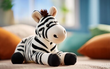 Fototapeta premium Cute Plush Zebra Toy Surrounded by Soft Furnishings in Cozy Room