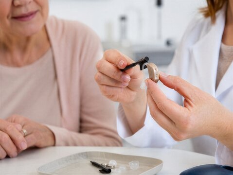 Audiologist cleaning hearing aid for senior woman. Medical specialist demonstrating maintenance of assistive device in clinic. Healthcare professional helping patient with hearing loss.