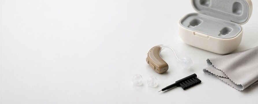 Hearing aid with cleaning brush, spare domes, case and cloth. Maintenance kit for sound amplifier device. Essential care equipment for deaf senior and hard of hearing wellness support.