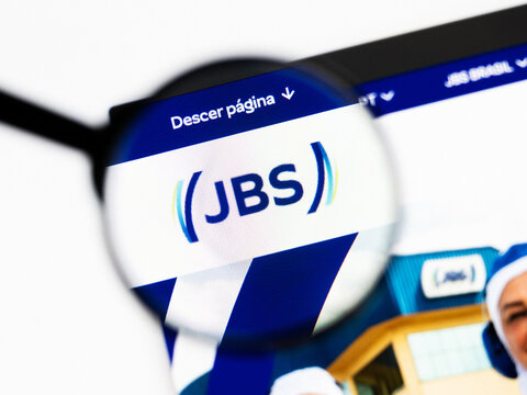 Milan, Italy 2026, 20 Apr Closeup of JBS website on a laptop screen. JBS logo under a magnifying glass.