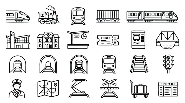 Comprehensive Vector Set of Train and Railway Station Line Icons Including High-Speed Trains, Steam Locomotives, Subway, Tickets, Tracks, Tunnels, and Station Buildings in a Minimalist Style.