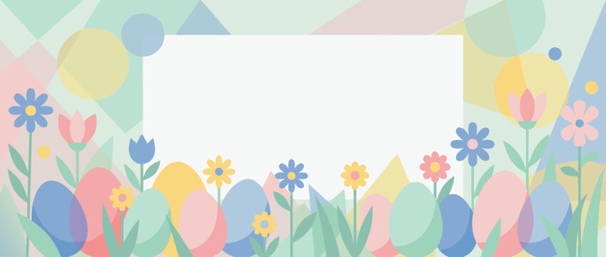 Panoramic Vector Banner Illustration of a Spring Meadow Border with Pastel Easter Eggs and Wildflowers, Geometric Background with Copy Space for Festive Greeting Cards and Seasonal Promotions.