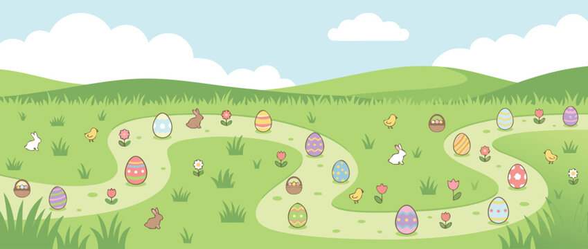 Panoramic vector banner illustration of a festive Easter egg hunt path winding through green grass with cute icons of decorated eggs, bunnies, chicks, flowers, and baskets under a blue sky.