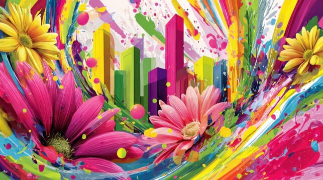 Vibrant abstract cityscape emerges from exploding colorful floral patterns and dynamic paint strokes