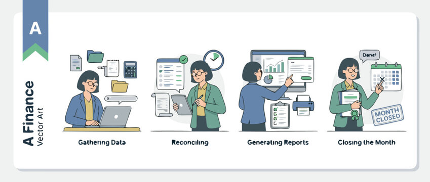 Set of four vector illustrations showing a female finance manager performing monthly closing tasks: gathering data, reconciling accounts, generating financial reports, and final month-end closing.