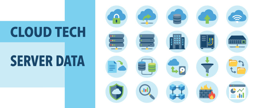 Cloud Technology and Server Data Icon Set featuring Flat Vector Illustrations for Network Infrastructure, Database Management, Cybersecurity, Cloud Computing, Data Storage, and Digital Connectivity.
