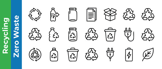 Fototapeta premium Recycling and Zero Waste Icon Set: Minimalist Black Line Art Symbols for Sustainability, Eco-Friendly Living, Waste Management, Plastic, Glass, Paper, Battery, and Energy Conservation Vector.