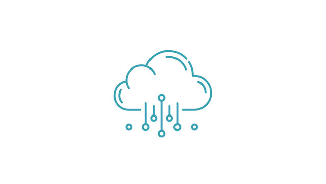 Minimalist blue line art cloud icon featuring integrated digital circuit nodes for modern computing and global data storage technology concepts