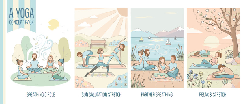 Set of 4 Vector Illustrations of People Practicing Yoga in Nature Featuring Breathing Exercises, Sun Salutation Stretches, Partner Yoga, and Relaxation Techniques in Park and Beach Settings