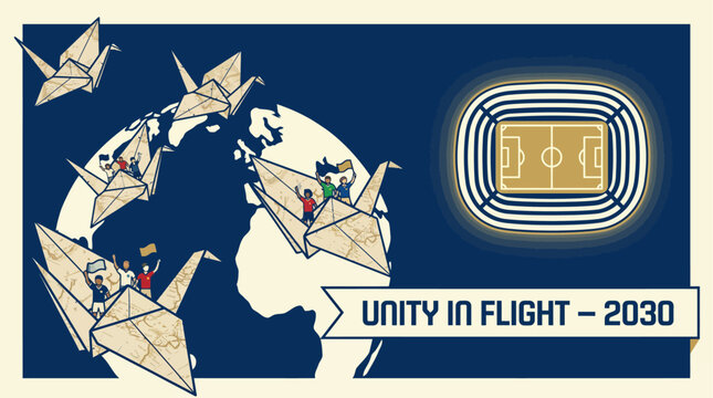 Vector illustration, unity in flight, origami birds, global harmony, 2030 vision