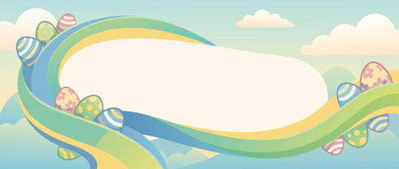 Naklejka premium Panoramic Vector Banner Illustration of a Festive Ribbon Shape with Colorful Patterned Easter Egg Motifs, Pastel Sky Background with Soft Clouds, Blank Copy Space for Spring Holiday Greetings and Ads.