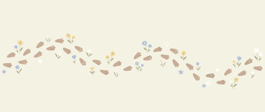 Whimsical panoramic vector banner with a trail of rabbit paw prints and tiny pastel flowers on a light background, ideal for spring, Easter, and nursery decor or horizontal web headers.