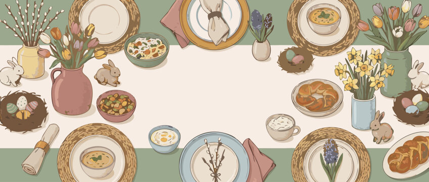 Panoramic Vector Illustration of a Cozy Easter Brunch Table Top View with Plates, Soup, Braided Bread, Colorful Eggs in Nests, Spring Flowers, Tulips, Daffodils, and Cute Rabbits on a Runner