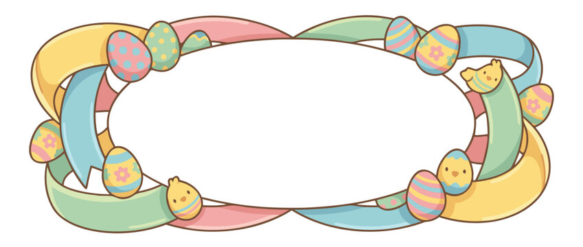 Cute Easter banner vector illustration featuring a panoramic ribbon frame with decorated eggs and baby chicks, pastel spring holiday border with central blank copy space for text or message.