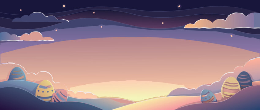 Panoramic vector banner illustration of a night-to-dawn Easter sunrise featuring a vibrant gradient sky, twinkling stars, layered paper-cut clouds, and patterned eggs on rolling hills at dawn.