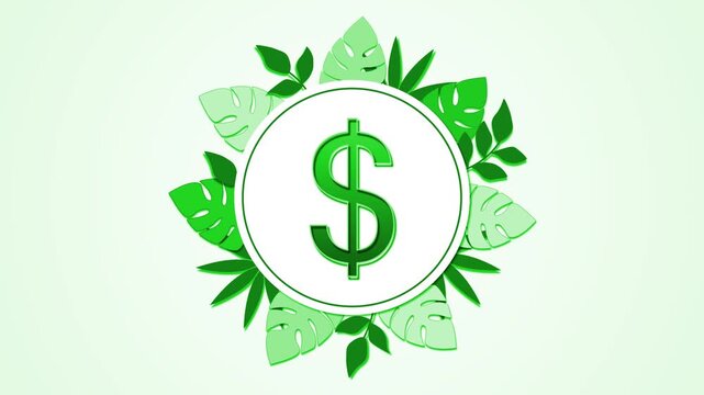 Dollar sign emblem framed by tropical leaves on soft mint background animation